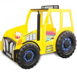 Pat pentru copii Tractor Farmer cu LED-uri din lemn MDF - Pat Galben in forma de masina cu saltea inclusa